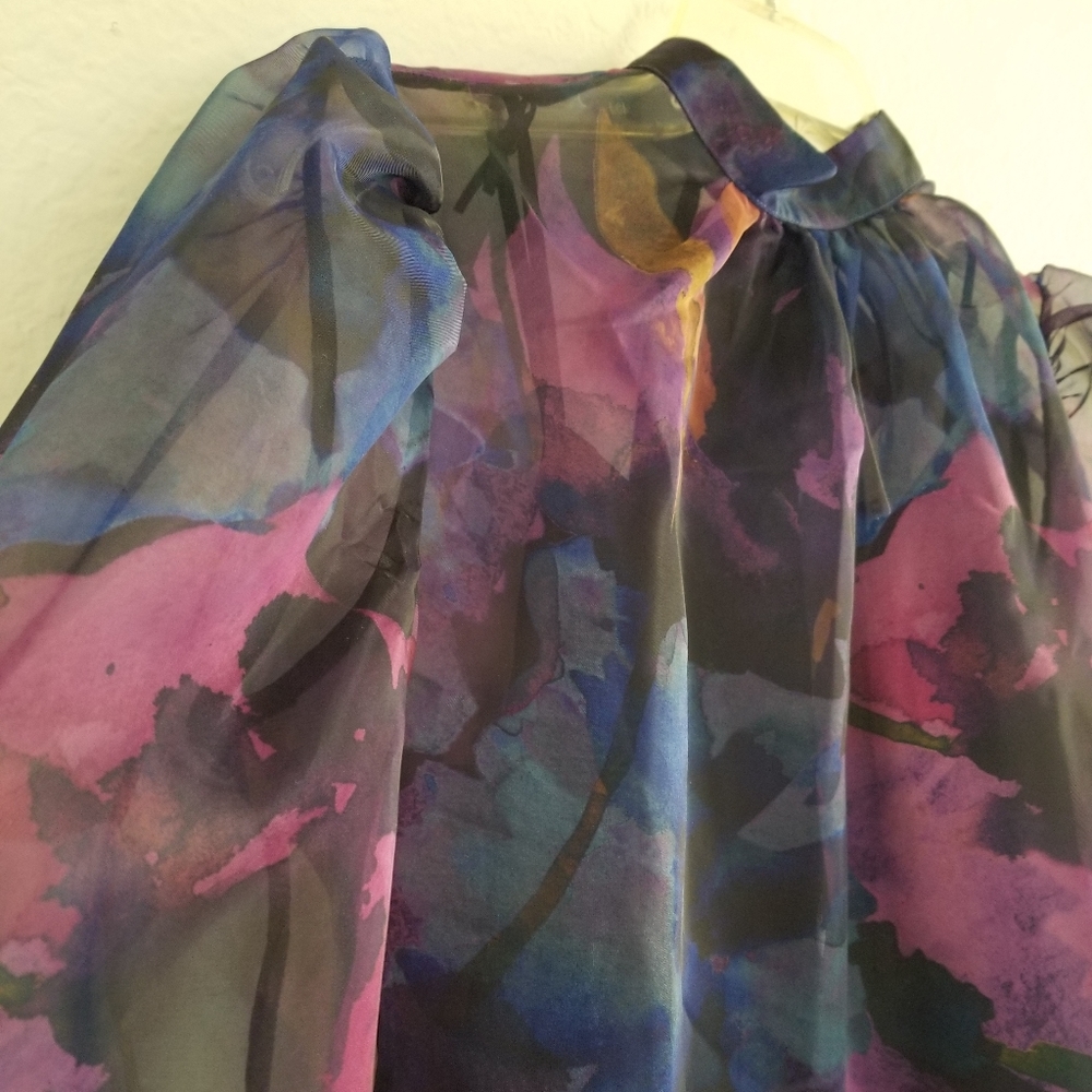 Anthropologie Organza Back Bow Puff Sleeve Blouse Size XS Black Purple B… - Picture 5 of 14